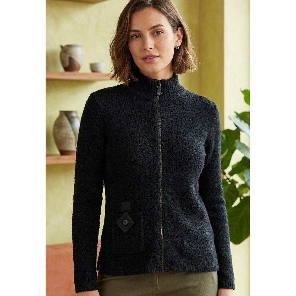 Kindred Spirit Cardigan Sweater Womens XS Black Linen Silk Zip Front Knit Pocket
